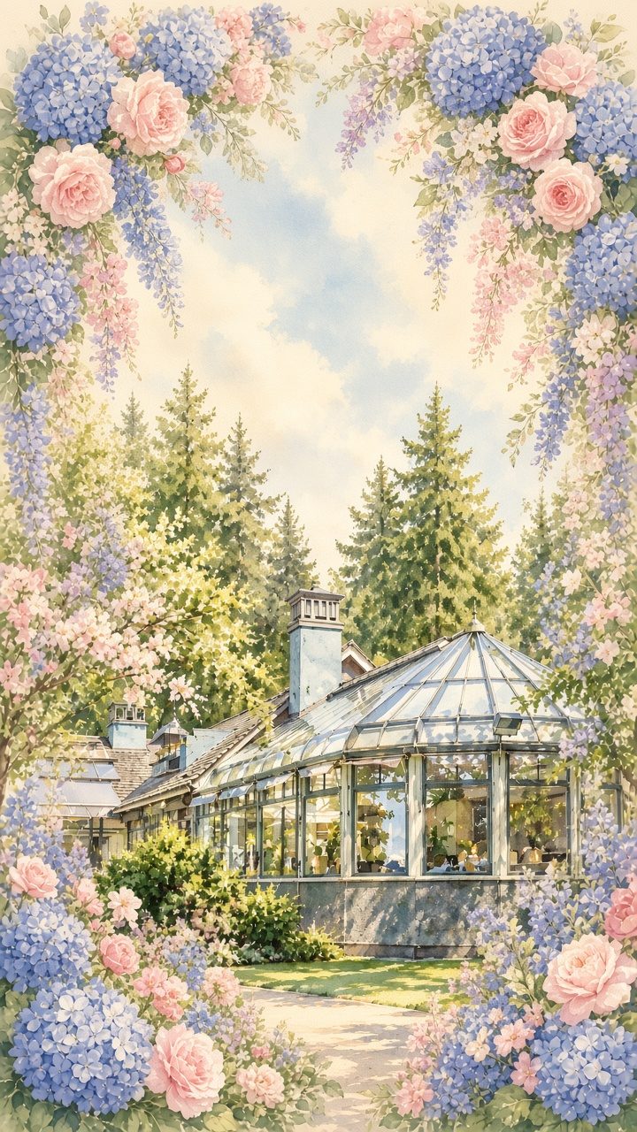 Watercolour of the Teahouse in Stanley Park framed by hydrangeas and roses
